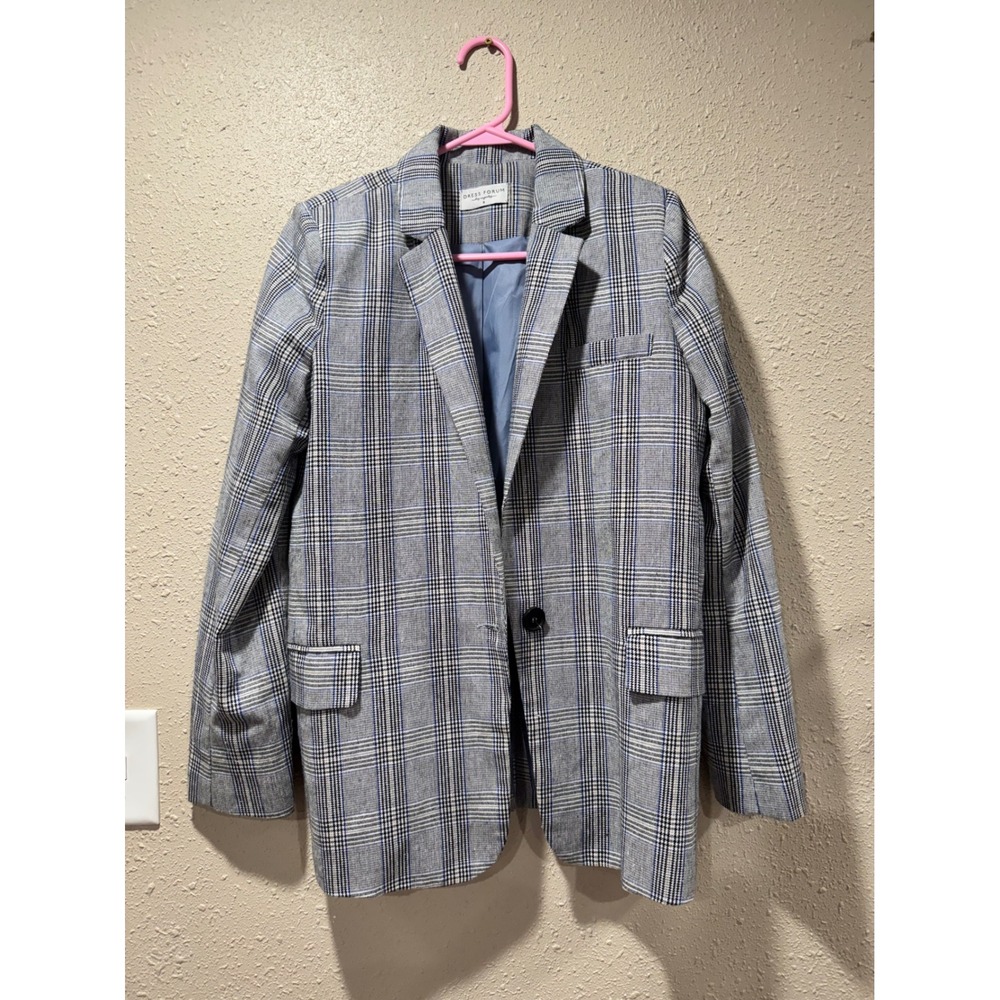 Dress Forum Los Angeles Grey Blue Plaid Single Button Blazer Jacket Small FJ2650